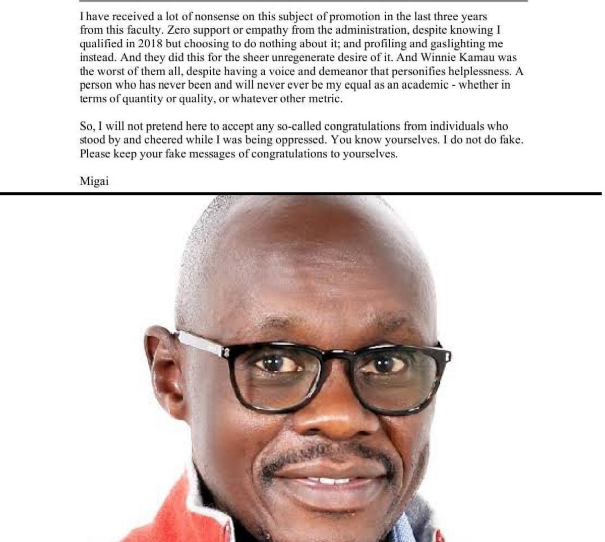 A UON Don Mikai Aketch was promoted to a full professor. His colleagues started sending in congratulation messages, even those who frustrated him and his projects to be promoted. The man wrote to them and pointed out one called Winnie Kamau... ☺️😆😆. Told them to go to hell...