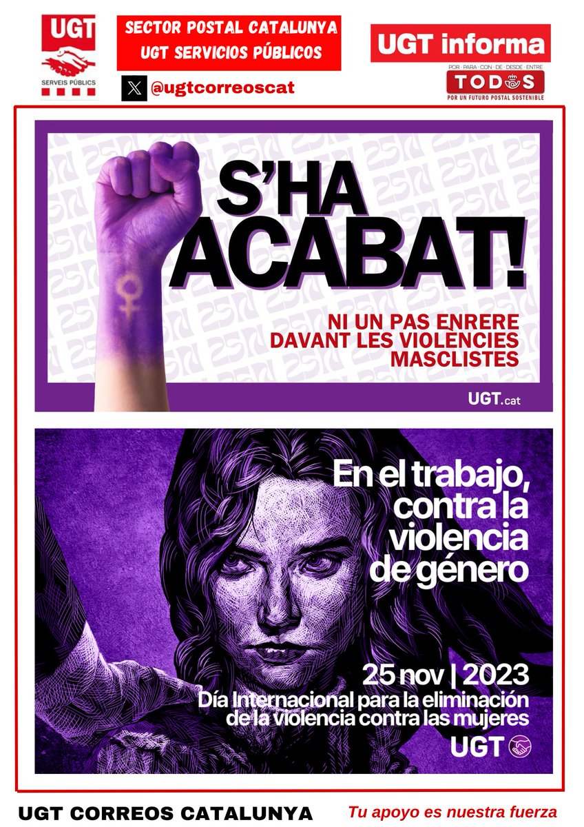 🟣 En el trabajo, contra la #ViolenciaDeGenero.
🟣 Es esencial la eliminación de todas las formas de #ViolenciaMachista en el ámbito laboral de forma ineludible y firme‼️
#25N
#EnelTrabajoContralaViolenciadeGénero
<a href="/ugtcatalunya/">UGT de Catalunya</a> <a href="/UGT_SP_CAT/">UGT - Serveis Públics de Catalunya</a>
