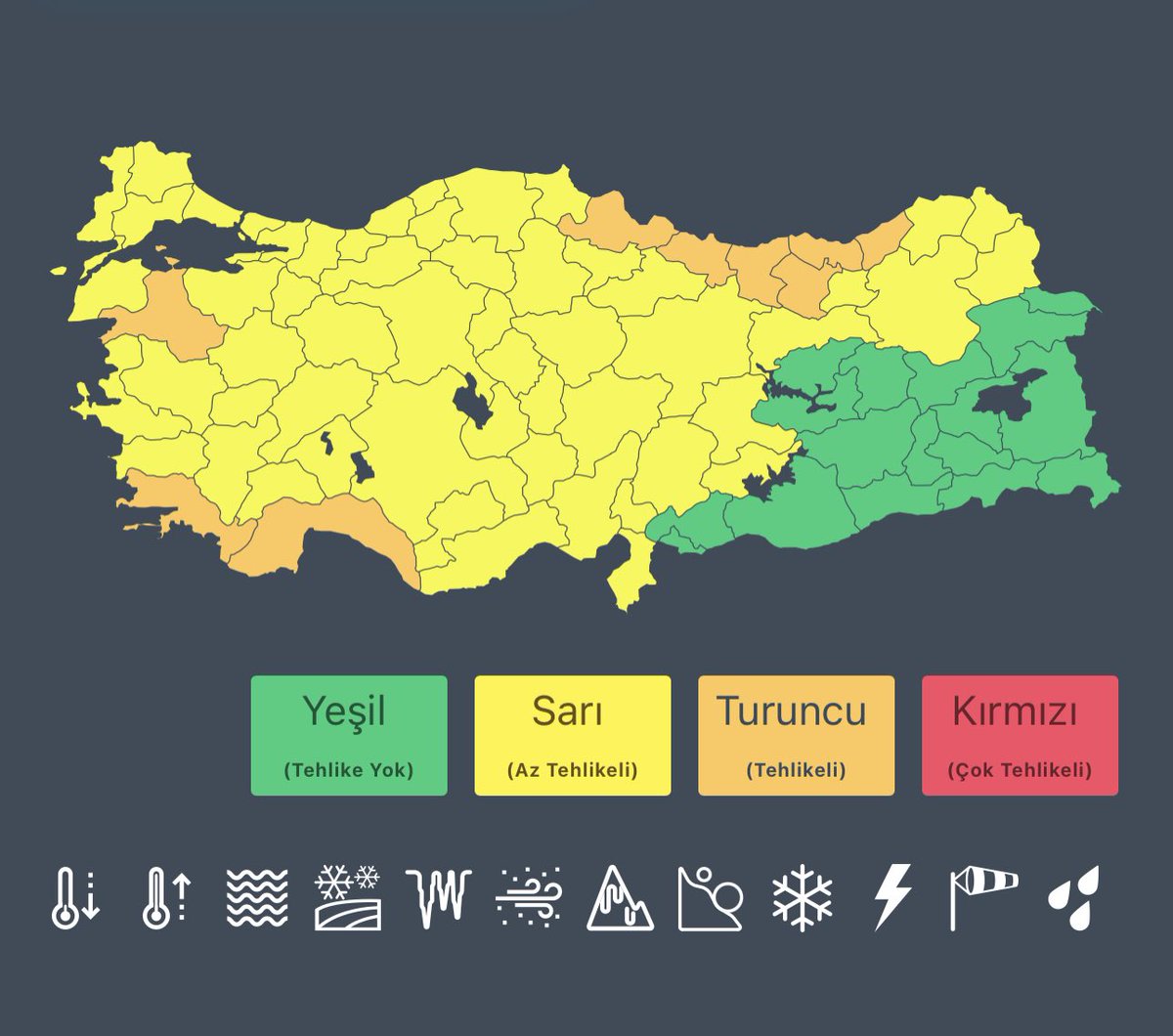 AliYerlikaya's tweet photo. 🗓️ 25 Kasım Cumartesi günü,

❗️ Meteoroloji Genel Müdürlüğümüz ve #AFAD Başkanlığımız beklenen olumsuz hava koşullarını, 
🟧Turuncu ve 
🟨 Sarı 
uyarı yapılan illerimizi açıkladı.

⚠️Vatandaşlarımızdan ricamız, uyarıları hassasiyetle takip etmeleri.

⚠️Özellikle 🟧 Turuncu uyarı verilen illerimizde yaşayan vatandaşlarımızın çatı uçması, ağaç ve direk devrilmesi, soba ve baca gazı kaynaklı zehirlenme riski ve ulaşımda aksamalar gibi olumsuzluklara karşı dikkatli ve tedbirli olmalarını bir kez daha önemle hatırlatmak istiyorum.
🔻🔻
https://t.co/en3yLODkO3