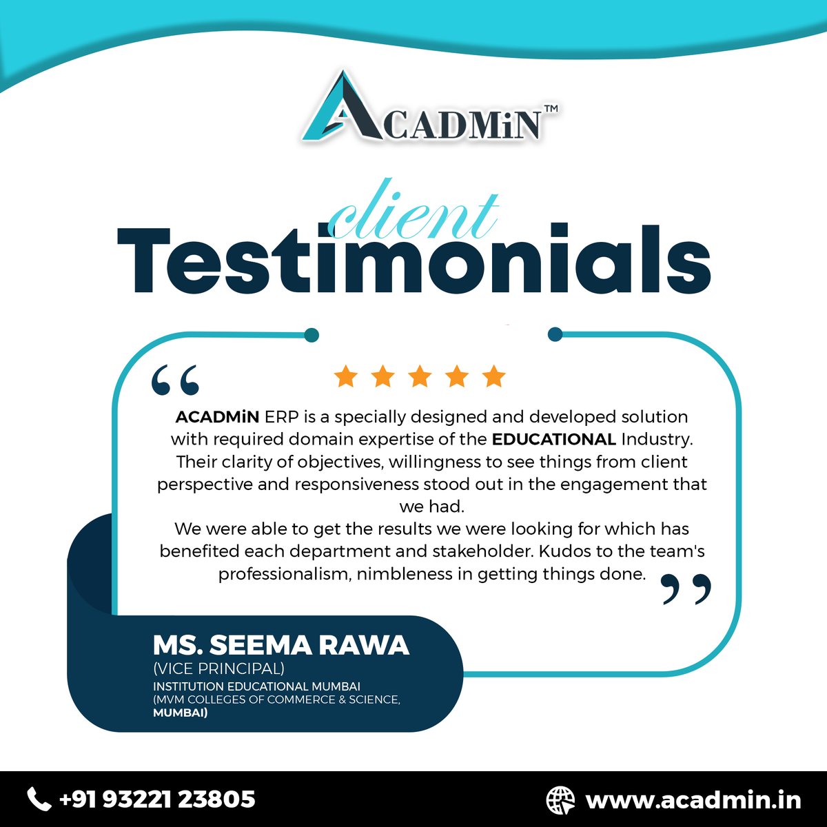 FutureTPartner's tweet photo. Empowering academic excellence at MVM Colleges, our software transforms education. Ms. Seema Rawat, Vice Principal, shares a seamless and enriching experience.
Visit our official websites
https://t.co/K1xAzw9QlC
or
Tap for the link in the bio.
#education #erpsystem #ACADMiN #ERP https://t.co/5A2K4BzUcO