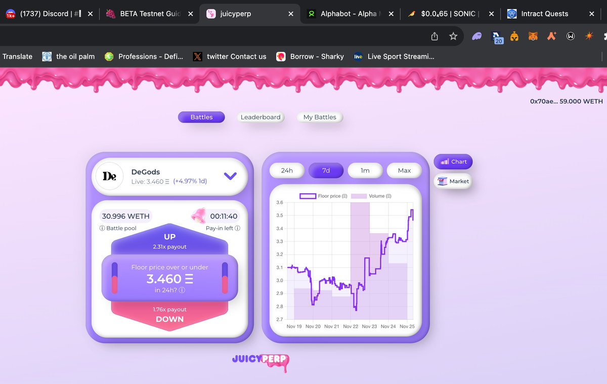 Gm Everyone ☀️☕️

Plan for the weekend is to Battle test the <a href="/JuicyPerp/">JuicyPerp (🍇|🕹️)</a> platform , and also continue farming other protocols.

Want to know more about JuicyPerp? Let's Dive in this smol overview 🧵

✦ What is JuicyPerp?
JuicyPerp is revolutionizing NFT trading by introducing a