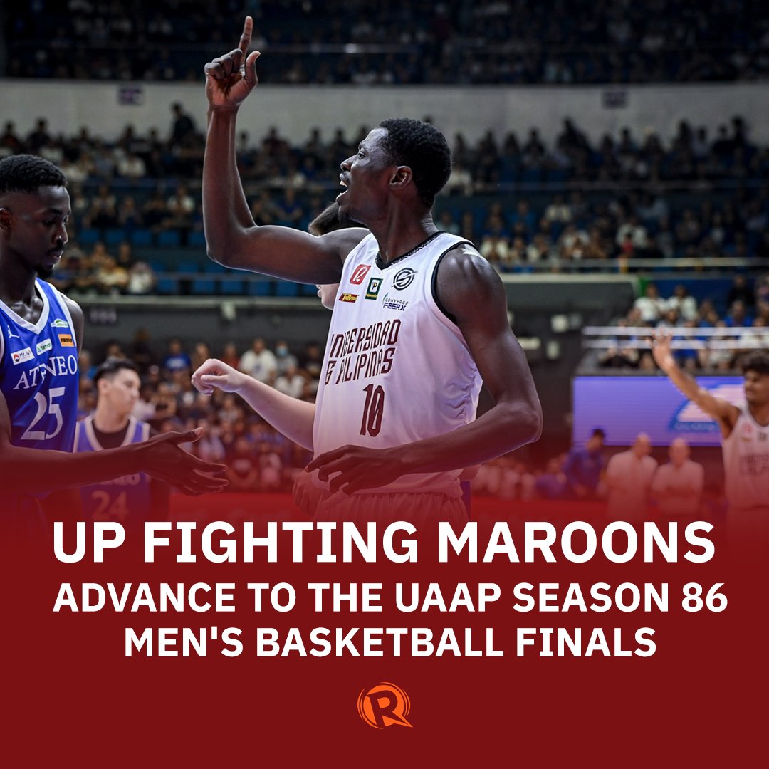 RapplerSports's tweet photo. KATIPUNAN BELONGS TO UP! 💪🏼

JUST IN. The UP Fighting Maroons dethrone the Ateneo Blue Eagles and will advance to the UAAP Season 86 men’s basketball finals, 57-46!

#UAAPSeason86 HIGHLIGHTS: https://t.co/zwkoaif3eH https://t.co/1UxR222twK