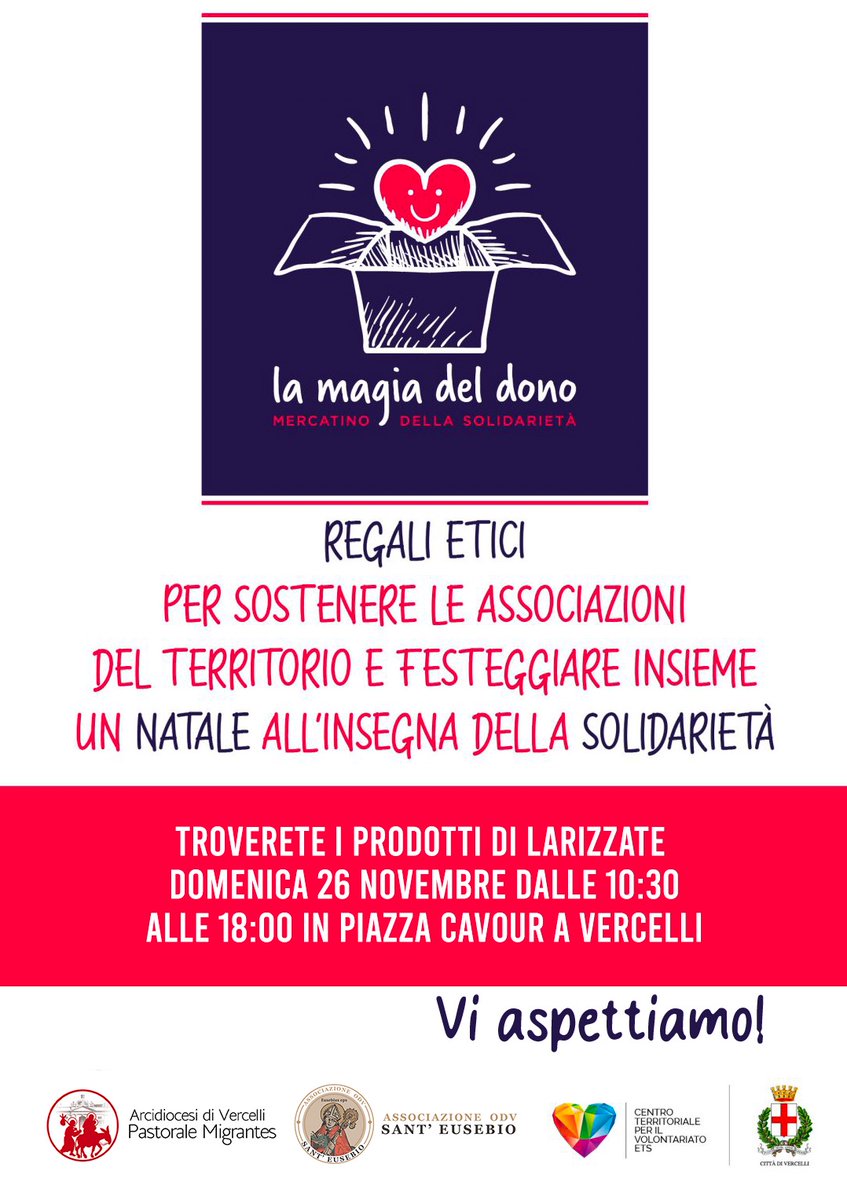 MigrantesV's tweet photo. Con vera gioia cristiana vi comunichiamo che domani anche noi saremo presenti al mercatino di Natale. 
Il vero dono è  il cuore dell'uomo che cerca il cuore dell'altro come un mendicante che stende la mano.
Il ricavato sarà utilizzato per sostenere i progetti in atto. https://t.co/dbnmBlbYgh