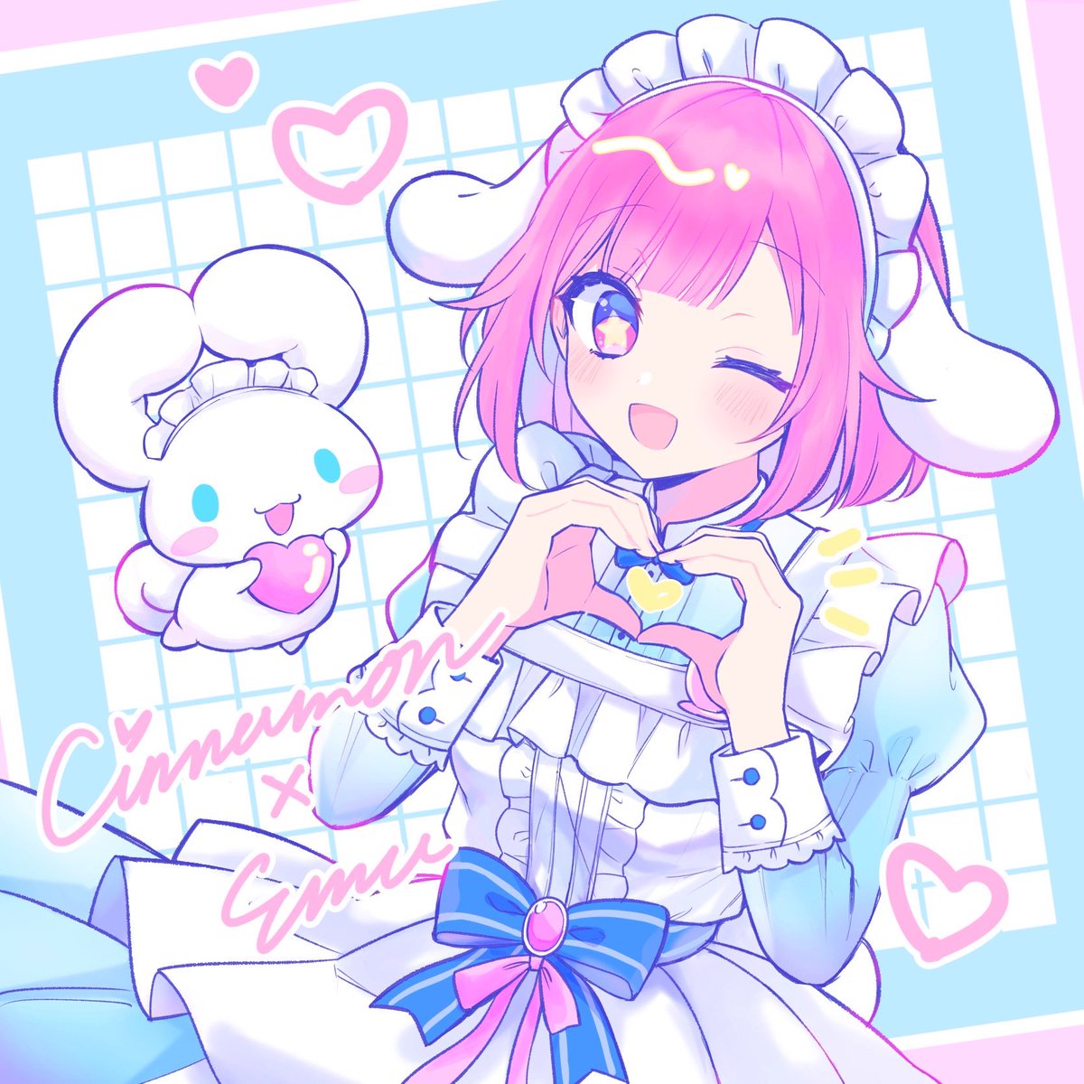 cinnamoroll ,ootori emu 1girl heart hands pink hair heart one eye closed pink eyes maid headdress  illustration images