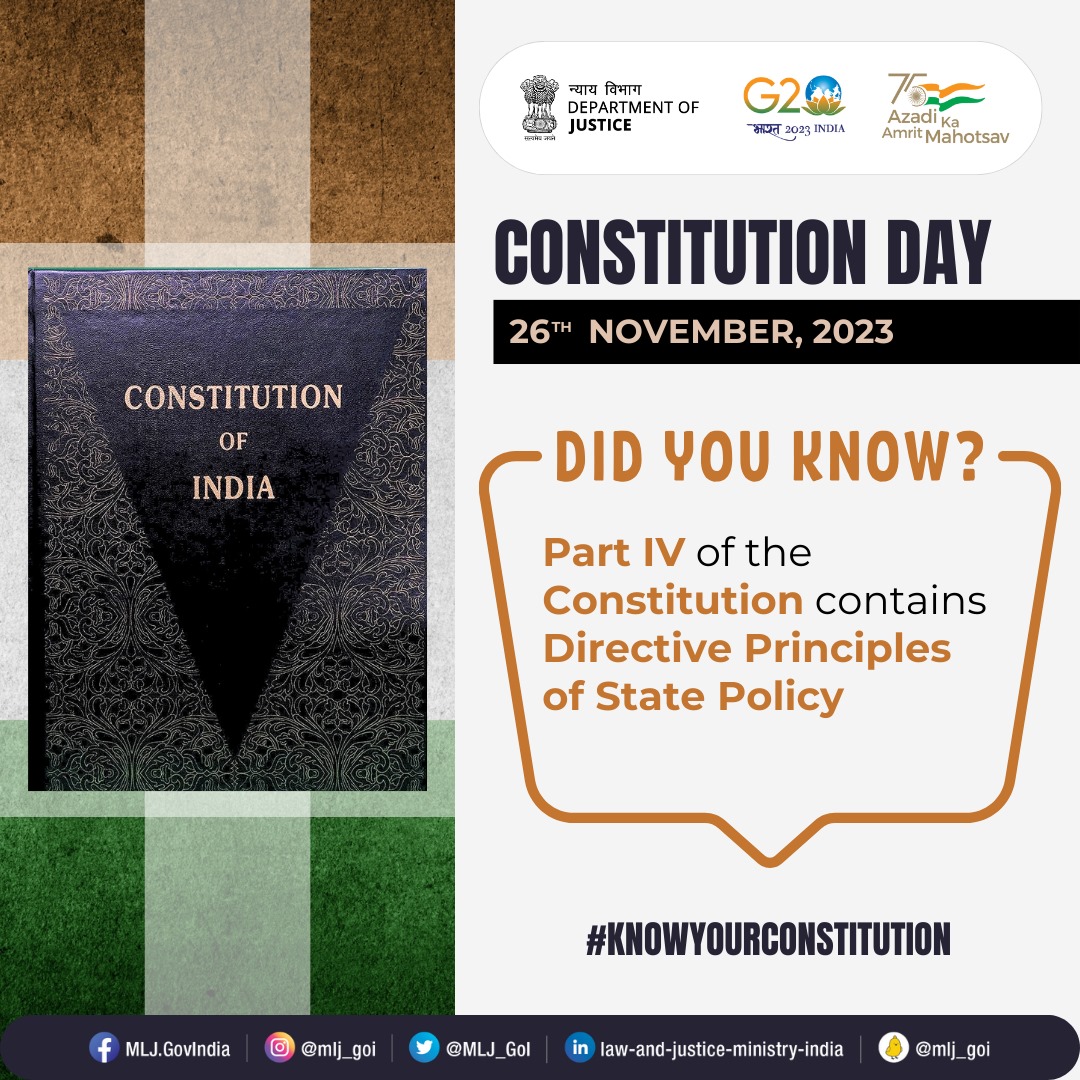 Aiming to establish a Welfare State, DPSP contained in Part IV set out the aims and objectives to be taken up by the States in the governance of the country, that ensures the material and moral well-being of the people of India. 
#KnowYourConstitution #ConstitutionDay