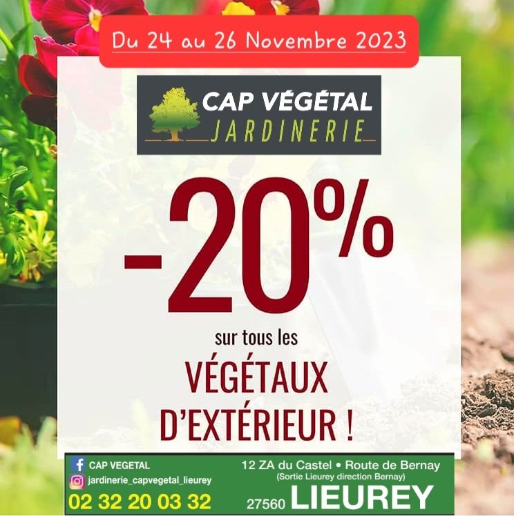 "À la Sainte Catherine tout bois prend racine" à cette occasion bénéficiez de 20% de remise sur tous les végétaux d'extérieur du 24 au 26 Novembre 2023🌳🌿🍂 (hors promotions en cours et sapins de Noël) Jardinerie <a href="/CapVegetal/">Jardinerie CAP VEGETAL</a> de Lieurey
