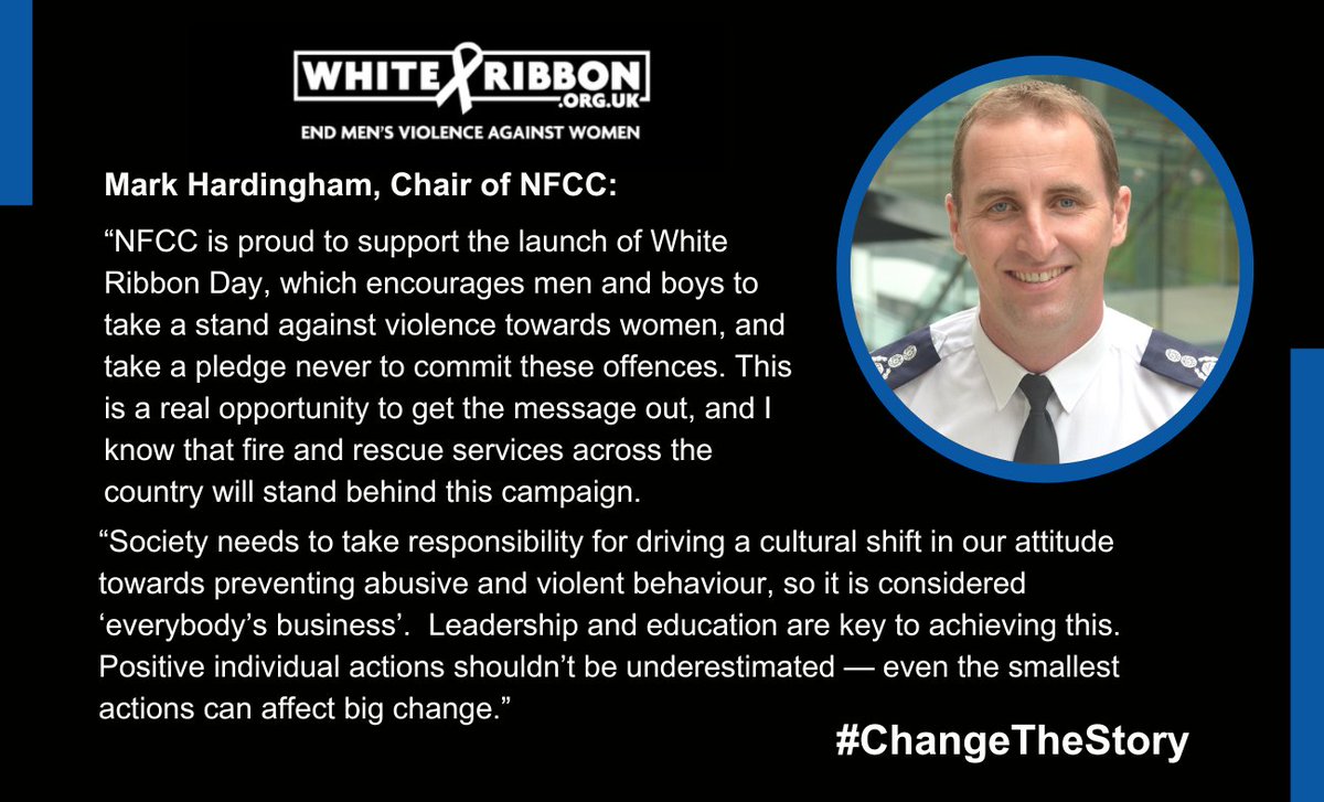 Along with fire and rescue services across the country, @NFCC is proud to support the launch of @whiteribbonday, which encourages men and boys to take a stand against violence towards women and take a pledge never to commit these offences. #changethestory