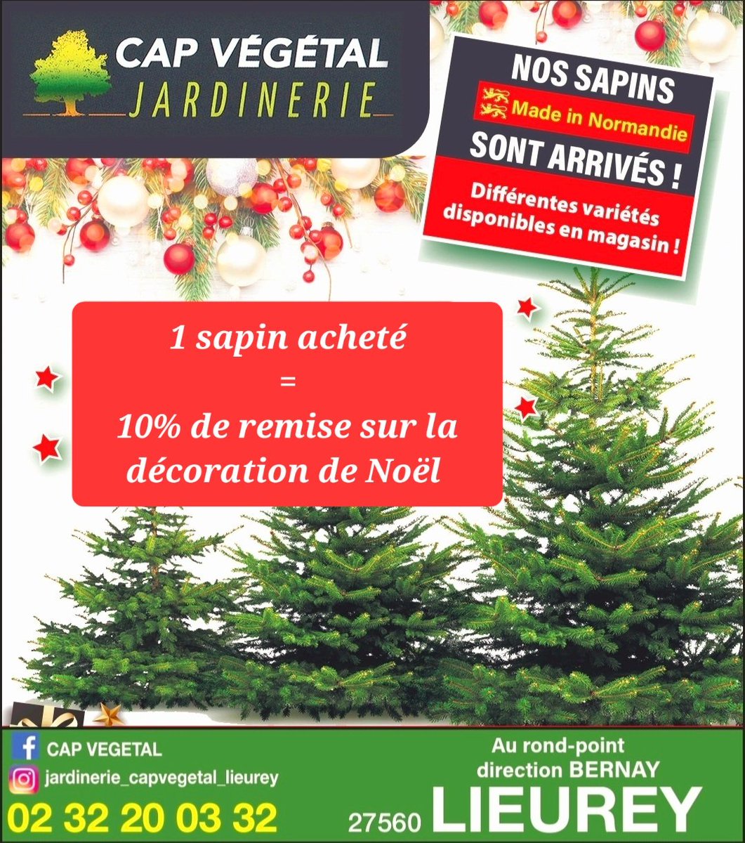 Ils sont arrivés les sapins de Noël de production Normande de 1er choix 🤩
1 sapin acheté = 10% de remise sur la décoration de Noël 🎀 
🌲Épicéas coupés ou en motte
🌲Nordmanns coupés ou en motte 
🌲Nobilis🌲Fraseris 🌲Pungens🌲Koster 
Jardinerie <a href="/CapVegetal/">Jardinerie CAP VEGETAL</a> de Lieurey