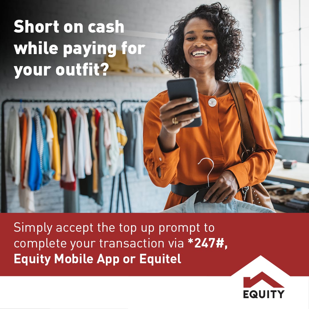 KeEquityBank's tweet photo. You have an upcoming interview and while shopping for a new outfit you realize you are short of funds when paying using Equity Mobile App, Equitel or *247#. Don't be stranded, simply accept the top up prompt to complete your transaction.  

#TopUpNaEquity #NoCashNoWorries #Bills https://t.co/TCChT6VTZ2