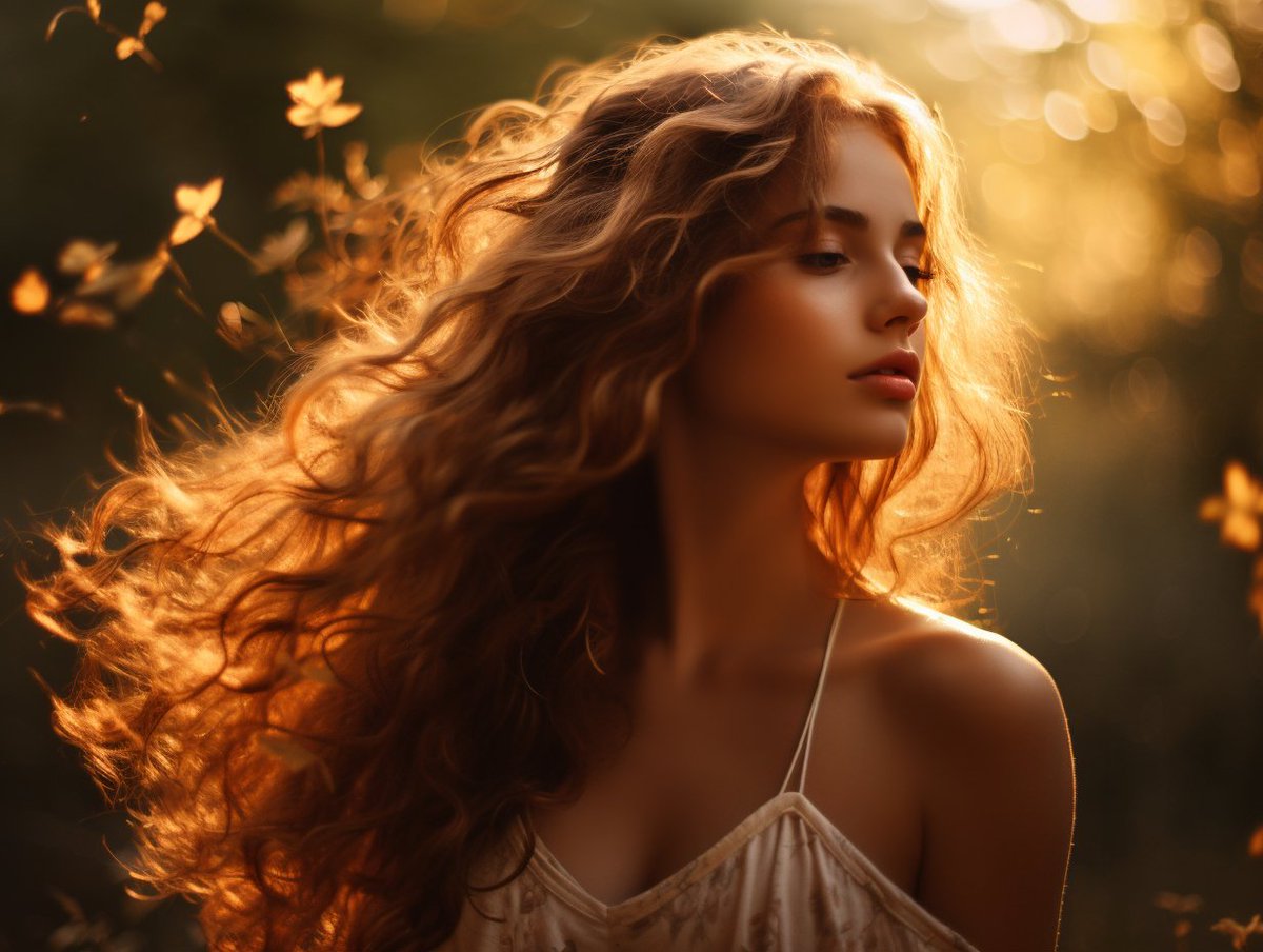 Captivating with flowing hair and beautiful eyes, she listens gracefully to the whispering wind. A portrait of timeless elegance and natural beauty