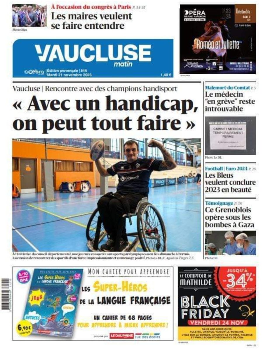 Great to see today's @FFRXIII v @England_RL wheelchair Rugby League clash getting some front page treatment in the regions around Marseille. 💙🤍❤️
