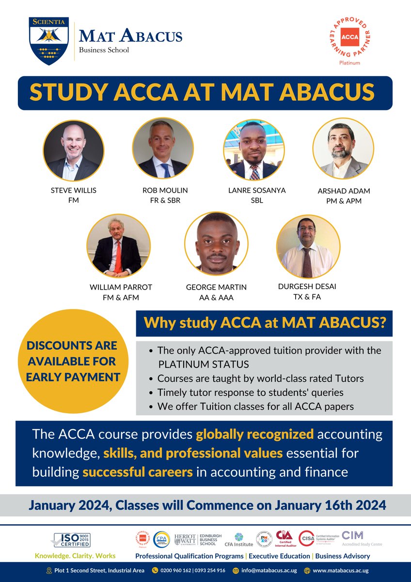 Ready to take the next step in your accounting career? January intake for the ACCA Program is now open at MAT ABACUS Business School. Secure your spot and invest in your future success! Visit matabacus.ac.ug to Apply #ACCA #MATABACUS