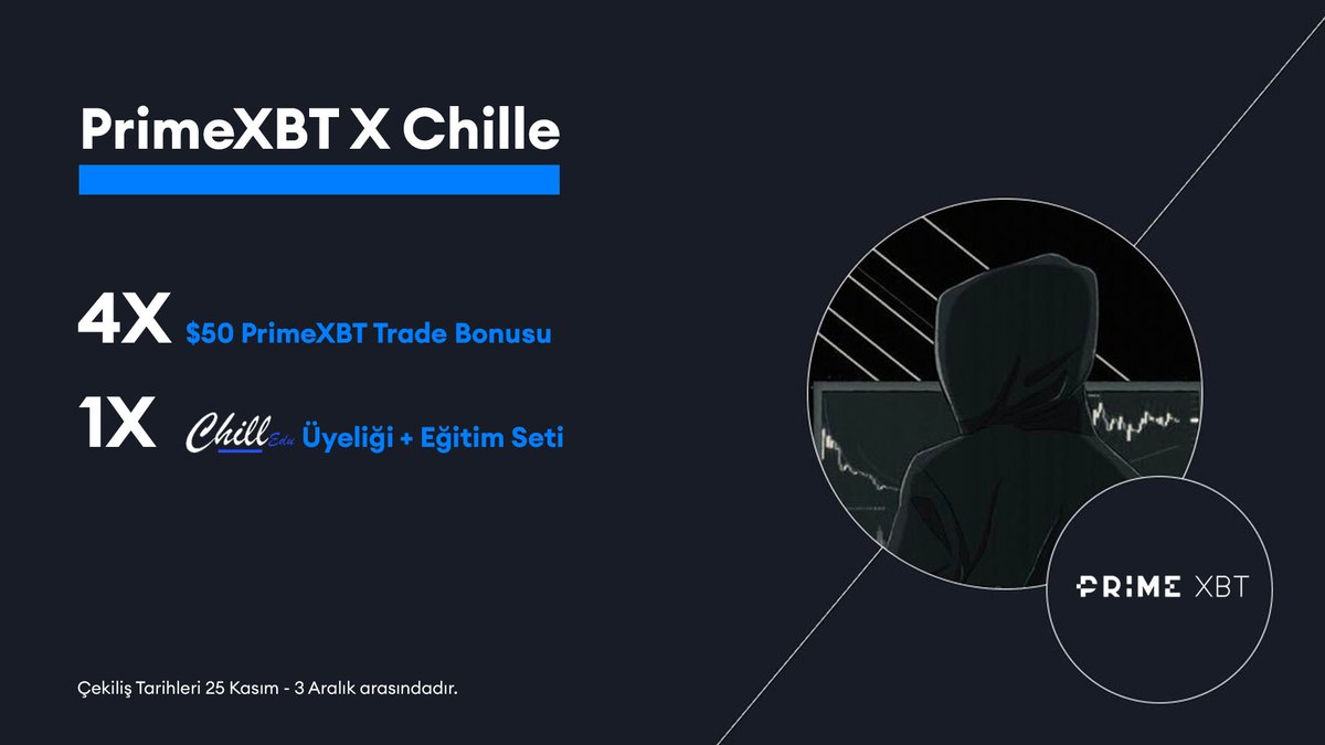 Chille's tweet photo. PrimeXBT ile birlikte 1 Kişiye Chilledu üyeliği ve Eğitim Seti, 4 Kişiye ise $50 Değerinde PrimeXBT Trade Bonusu veriyoruz.

Şartlar:

- RT / Like
- Takip @chilleducation

Bol Şans.