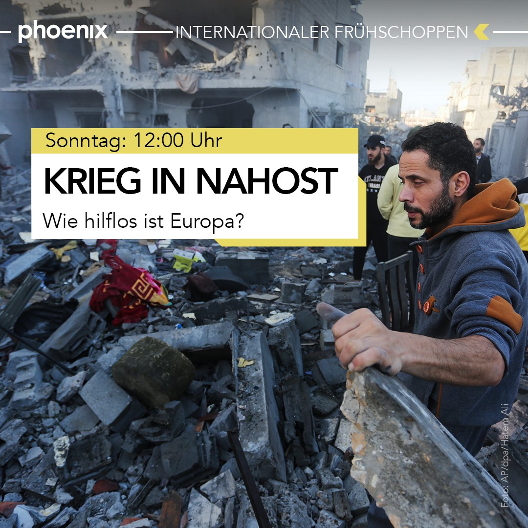 phoenix_de's tweet photo. #Nahostkonflikt | Der Krieg im Nahen Osten sorgt auch innerhalb Europas für Konflikte. Was können EU und USA zur Deeskalation in der Region beitragen? Der #internationalefrühschoppen diskutiert Sonntag zum Thema "Krieg in Nahost - Wie hilflos ist Europa"? https://t.co/hTTVA4LZFZ https://t.co/z04at0EgGX