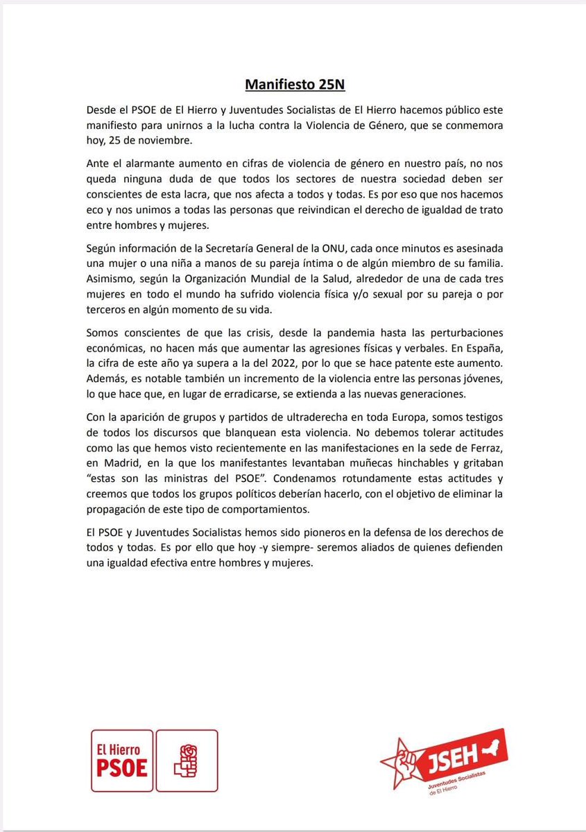 Manifiesto 25N 
Día Internacional Contra la Violencia de Género. 
#25N2023 <a href="/js_elhierro/">Juventudes Socialistas de El Hierro</a> <a href="/PSOECanarias/">PSOE Canarias ❤️🇮🇨</a>