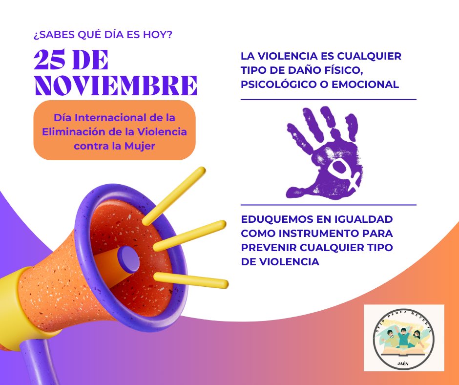 CEIPpreverte's tweet photo. ¡Buenos días!
Hoy, 25 de noviembre, amanecimos queriendo conmemorar el Día Internacional de la Eliminación de la Violencia contra la Mujer.
Por eso, desde el C.E.I.P Pérez Reverte educamos en igualdad.🧡
#25N2023 #Igualdad https://t.co/FZtmPhwCKM