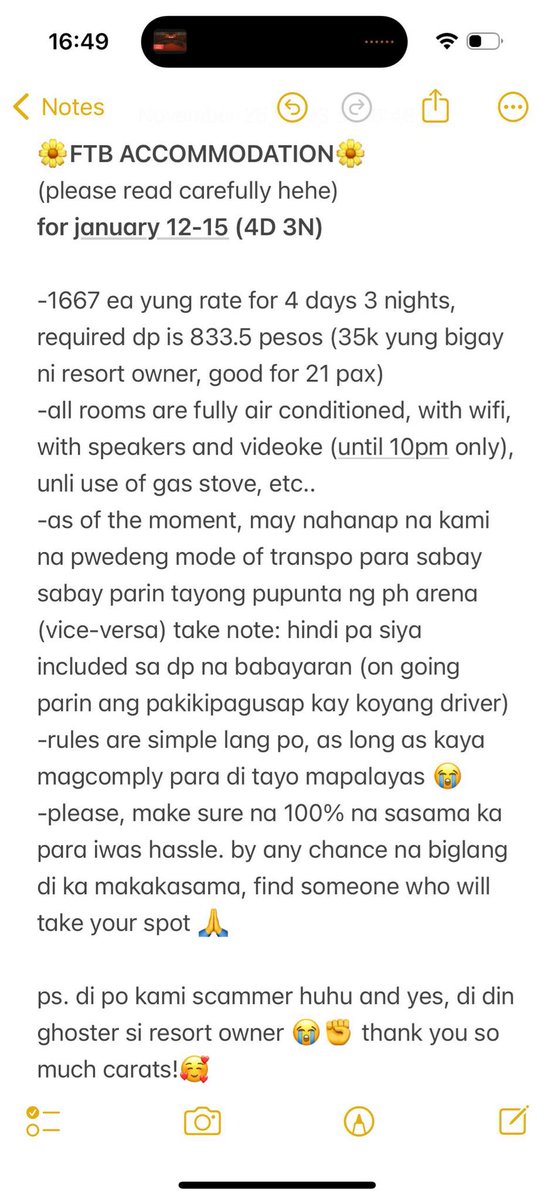 eloe po, diz iz me again🤪 

lf kasama sa accommodation in FTB🌼✨ 

-avail slots: 8
-will prio yung magsstay ng jan 12-15 
-can pay dp agad (para makuha agad natin yung reservation today hngg) 
-this is a private resort 16 mins away from ph arena