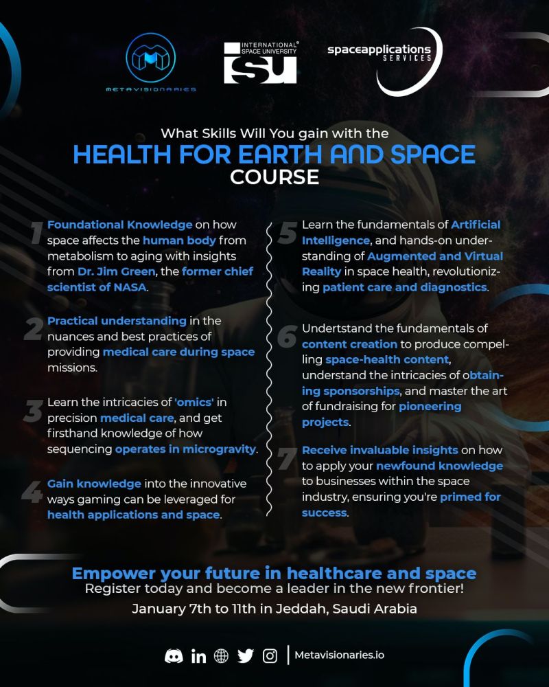 ISUnet's tweet photo. Join us for the Course on Health and Medicines in Space, presented by @ISUnet , @metavisionaries , Space Applications Services NV/SA, and Nebula R&amp;D!
 📅 Save the Date: January 7-11, 2024
 Location: Jeddah, Saudi Arabia (In-person &amp; Online)
Register: https://t.co/LwHoR3HF0y https://t.co/x8RABRzfZX