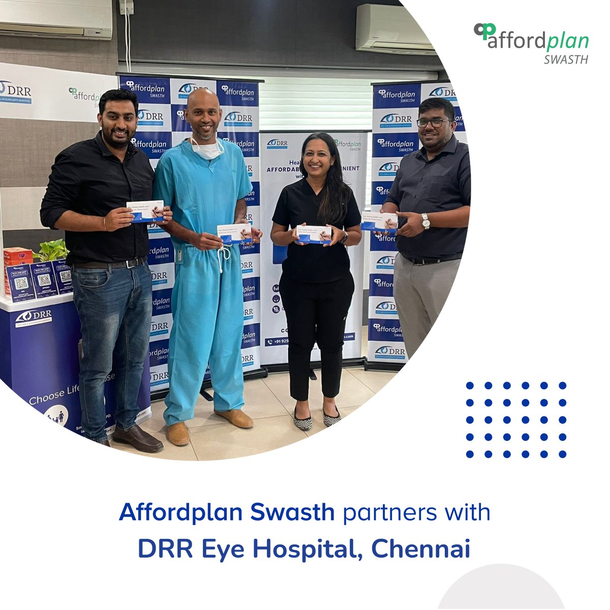 We are glad to announce that #Affordplan Swasth has partnered with #DRREyeHospital, Chennai. Our partnership aims to prioritize making high-quality healthcare accessible and affordable for everyone. Visit affordplan.com to learn more about Affordplan.
#partners