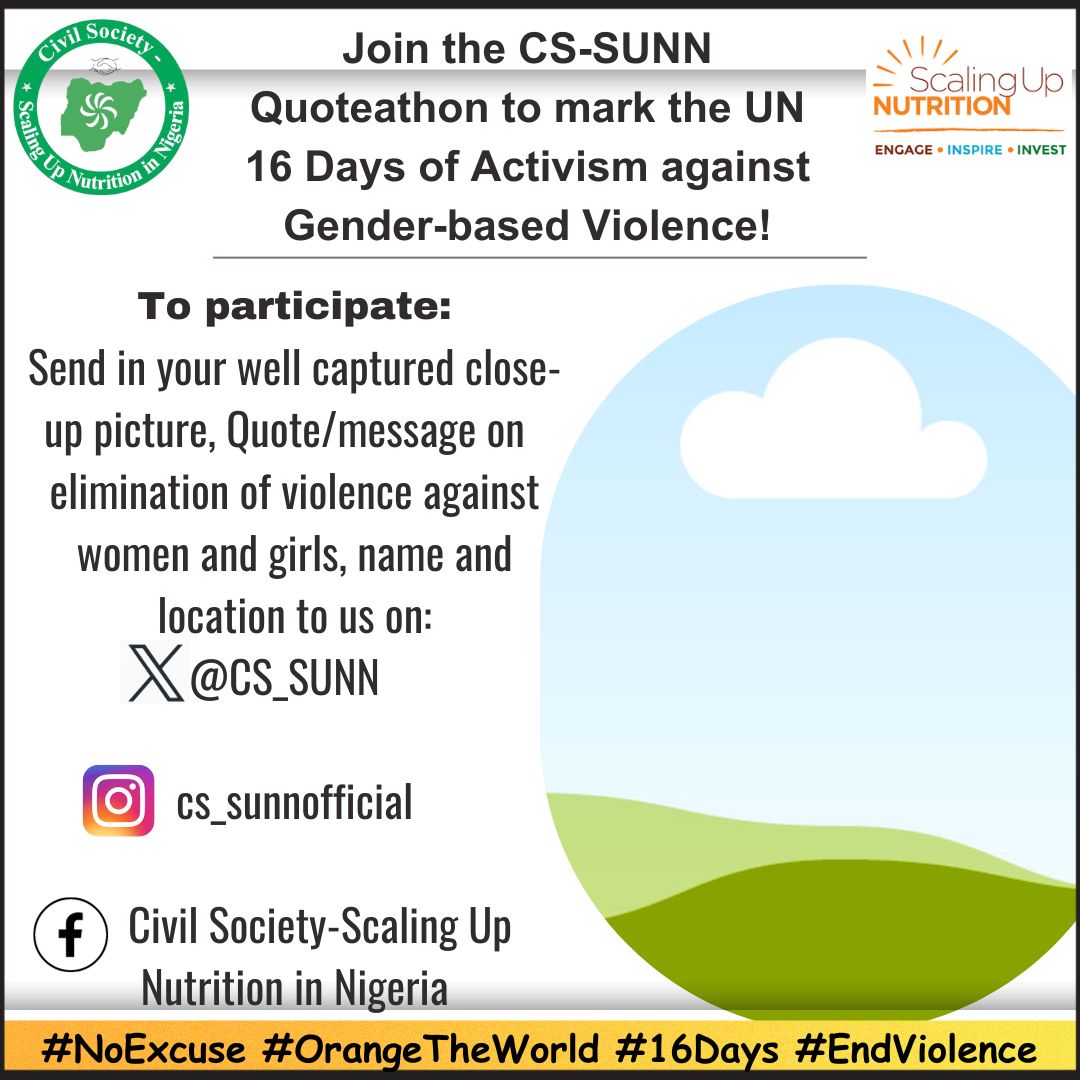 In commemoration of the 2023 International Day for the Elimination of Violence against Women and Girls, I've spearheaded a significant campaign as the Communications lead of <a href="/CS_SUNN/">SUN CSA-Nigeria</a>.
Let's say NO to violence against women and girls . #EndViolence #16Days
<a href="/UN_Women/">UN Women</a>