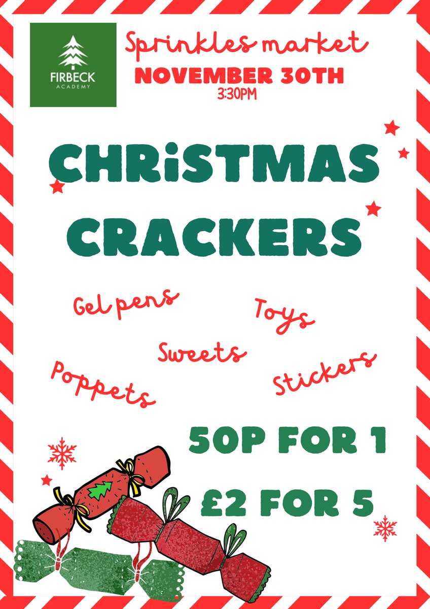 Make sure to come along to Firbeck’s Christmas Sprinkles Market on Thursday! Year 3 have made some incredible Christmas crackers with lots of exciting contents inside🎄 
#fabulousfirbeck