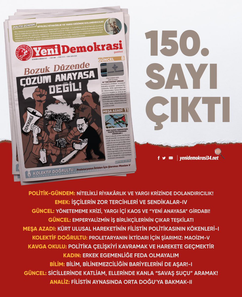 YDemokrasi11's tweet photo. 150. sayımız “Bozuk Düzende Çözüm Anayasa Değil!” manşetiyle çıktı

https://t.co/Z2iOSQq1bQ https://t.co/bETo1XPKpJ