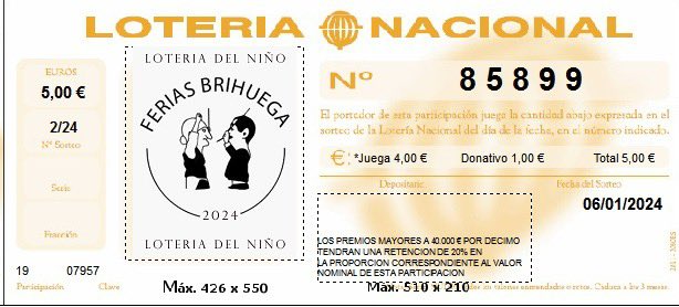 Buenos días brihuegos, no han pasado ni dos meses y ya estamos de vuelta. Desde la comisión de Ferias 2024 queremos empezar cuanto antes a implicarnos y conseguir fondos. Asique aquí tenemos nuestra primera propuesta, la LOTERIA DEL NIÑO.