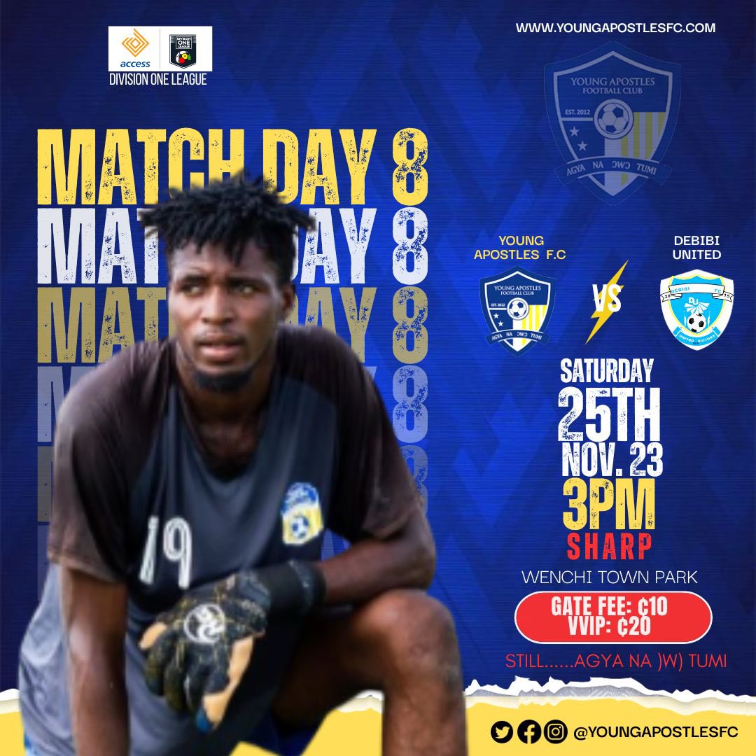 Youngapostlesfc's tweet photo. Join us in giving a warm, enthusiastic welcome to #Debibi as they step foot into the iconic Wenchi Town Park for an electrifying match in week 8 of the thrilling @DivisionOneGH campaign. Prepare to be captivated as the action kicks off at the enchanting hour of 3:00
@AnimSammy https://t.co/mERoARx2iP