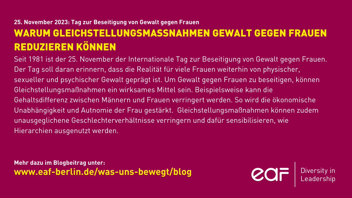 ❕Heute ist der Internationale Tag zur Beseitigung von Gewalt gegen Frauen. In unserem Blogbeitrag geht es deshalb heute darum, wie Gleichstellungsmaßnahmen Gewalt gegen Frauen reduzieren können:
eaf-berlin.de/was-uns-bewegt… #EndGenderBasedViolence