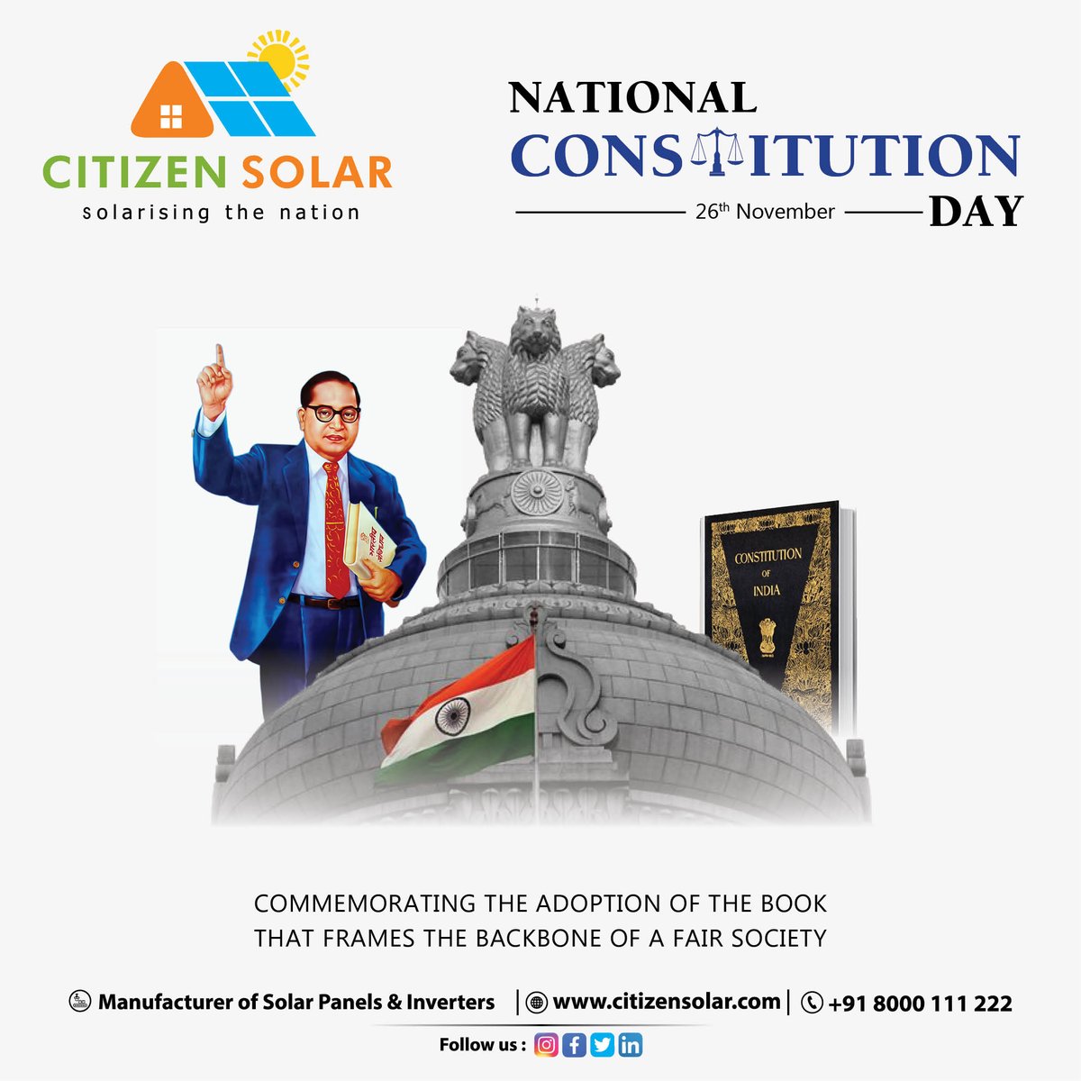 Empowerment through Sunlight, Inspired by the Constitution.

From Rights to Duties, Our Constitution Beauties.

#ConstitutionDay #constitutionofindia #savidhandiwas #Constitution #citizensolar #BabaSahebAmbedkar #solarpower #solarenergy #solarmanufacturing #indian #solarenergy