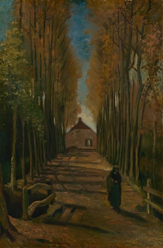 🍂 Inspired by his recent readings on colour theories, Vincent started adding in more colour in his paintings and departed from his usual ‘muddy’ tones. Do the orange and blue hues stand out to you in this painting, ‘Avenue of Poplars in Autumn’, 1884?