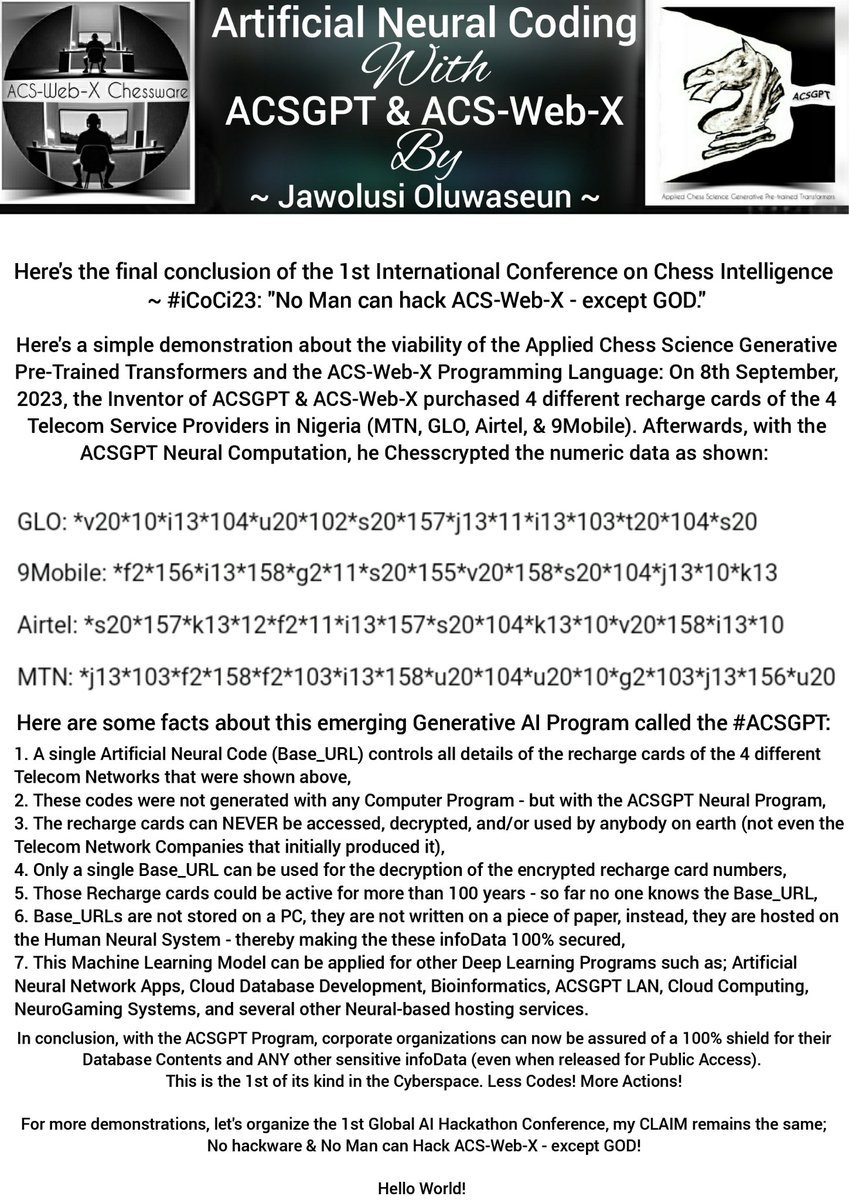 jawolusy's tweet photo. AI beyond limits ~ with ACS-Web-X & #ACSGPT.
Months back, I deployed the #Haddjay Neural Banking App (Machine Learning Model for a hybrid Fintech Solution).
Here's a Federated Neural Training Data as the default FNTD template for subsequent programs:
FiLaJa/4-3-3/PMP/RtL/1tZ https://t.co/y4reMnKyNL