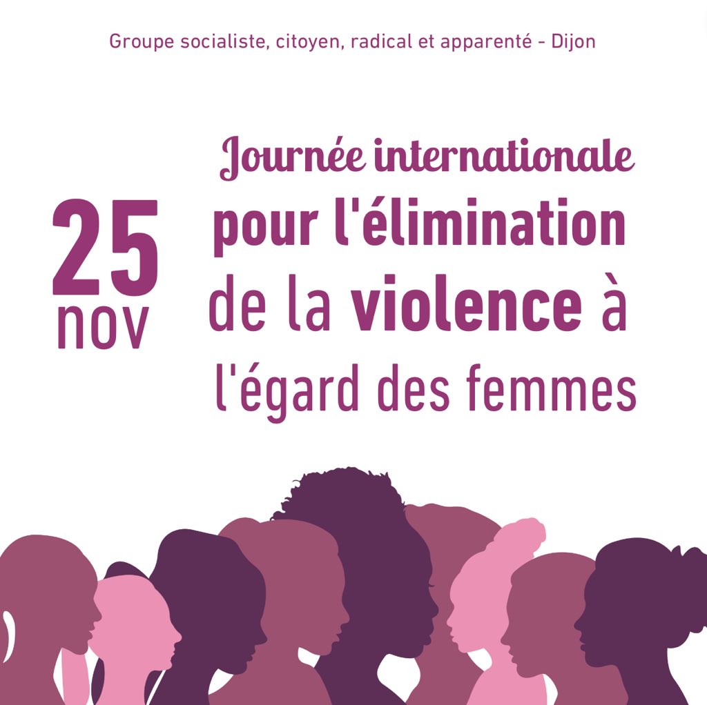 25 novembre - Journée internationale pour l’élimination de la violence à l’égard des femmes.

Dijon est et restera engagée contre les violences faites aux femmes. 👩🏽 

#Dijon