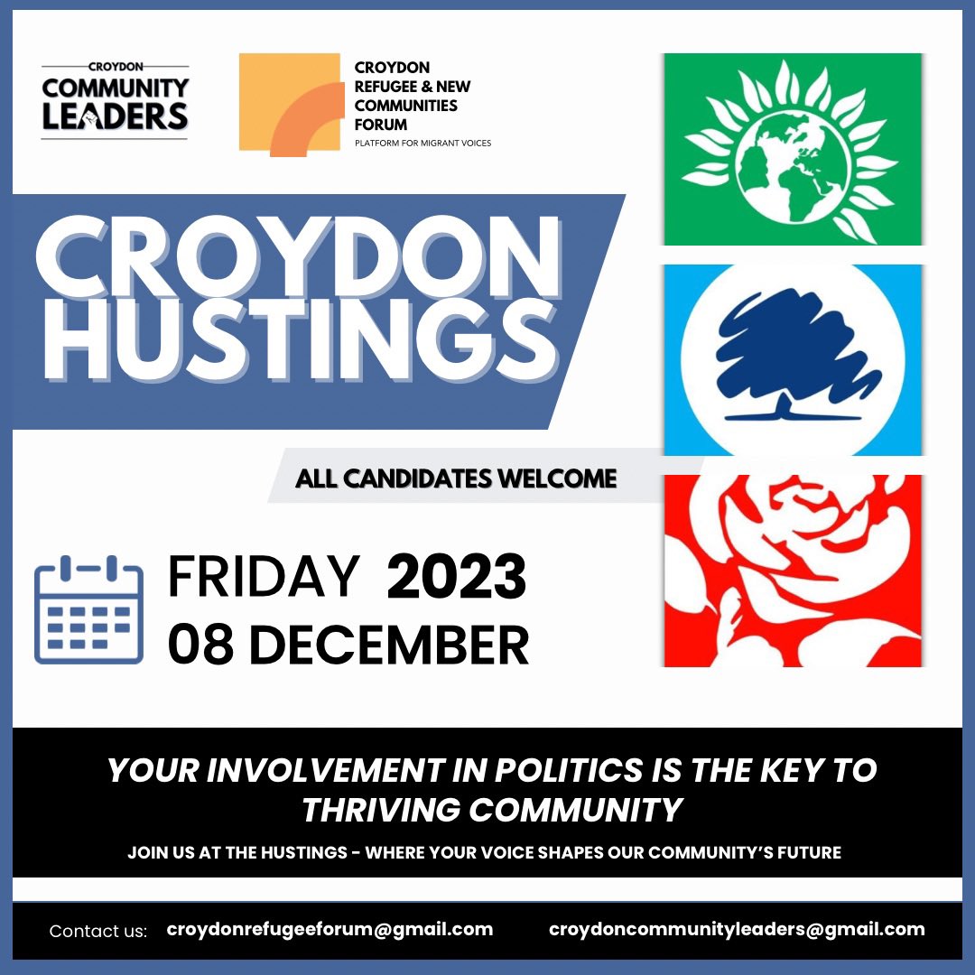 Croydon Husting, on Friday 8th December 2023, Croydon Community Leaders and Croydon Refugee &amp; New Communities Forum invites you to LSBU Croydon,
Why attend? Your presence fuels the power of local democracy. eventbrite.co.uk/e/croydon-hust…