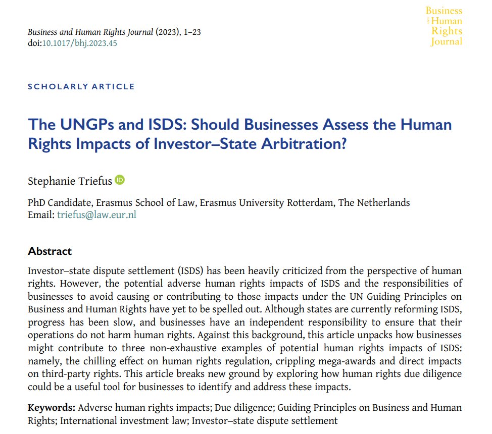 🚨Hot off the press! Emerging researcher @stephtriefus unpacks how businesses might contribute to three non-exhaustive examples of potential human rights impacts of ISDS in her latest scholarly article with us. Please read, share & cite. Congratulations💐 cambridge.org/core/journals/…