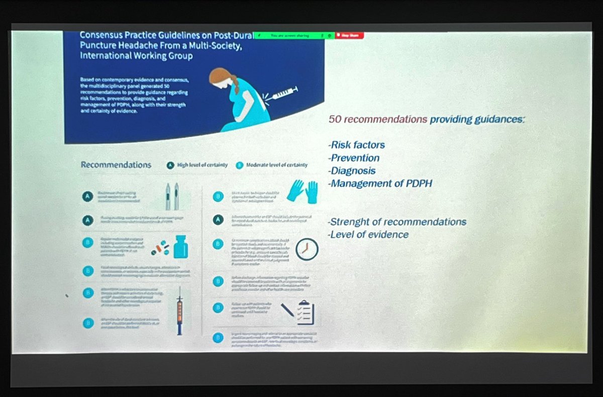 OBsleepmerchant's tweet photo. Now 2023, @Ropivacaine et al provide evidence-based clinical practice guidelines on #PDPH extending beyond #OBAnes. Endorsed by 6 societies (including @SOAPHQ @OAAinfo @ASRA_Society @ESRA_Society), aged Vishal? 50 recommendations. USPSTF grade & colour code for slides. #ISOA23 https://t.co/u4gV9tSll2
