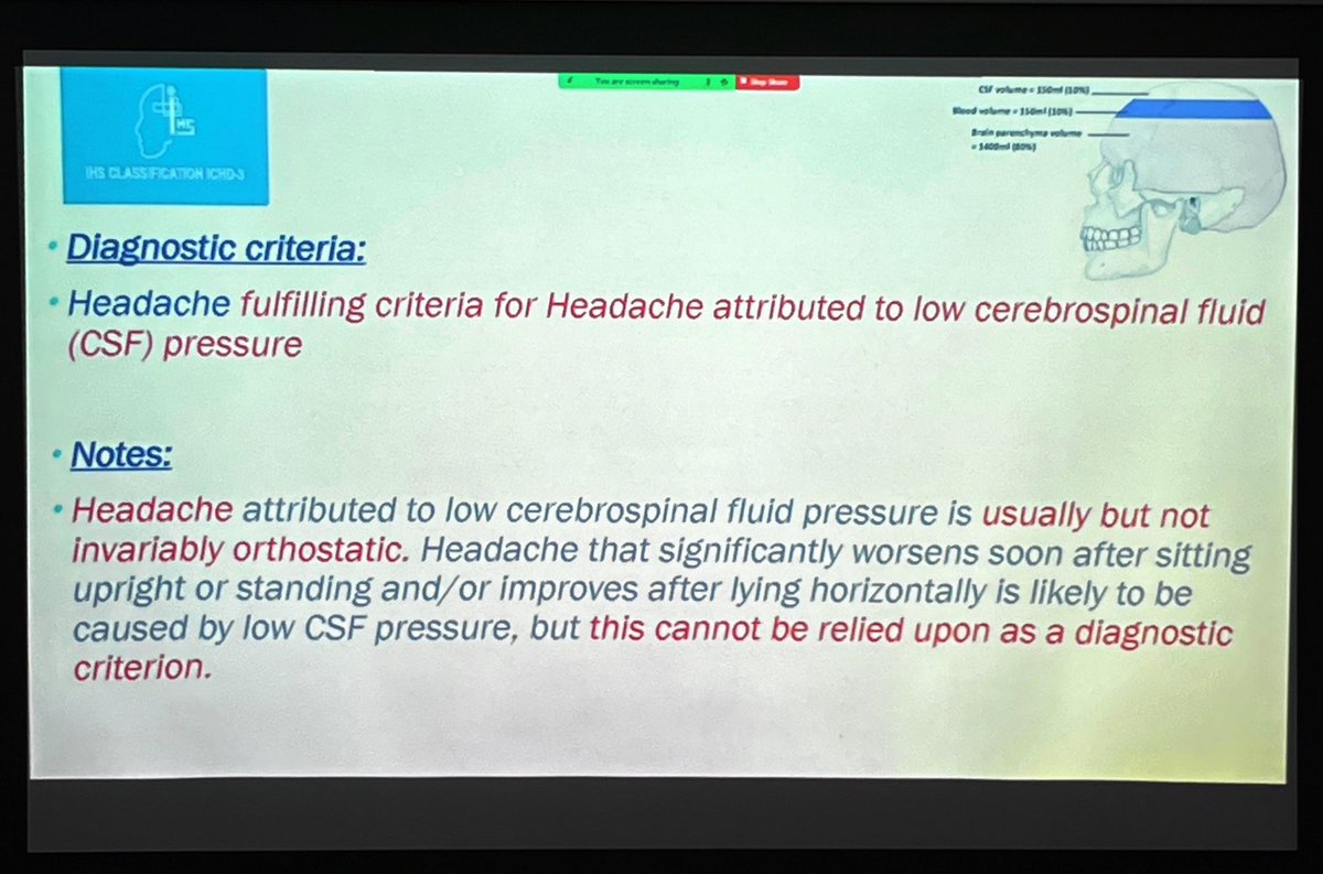 OBsleepmerchant's tweet photo. Q1. Now both @euklaas and @DewandreYves have concerns with ICHD3 definition of #PDPH - based on newer evidence of non-self limiting nature & chronicity, and evolving questions regarding pathophysiology. NB orthostatic headache is NOT a reliable diagnostic criterion #ISOA23 #OBAnes
