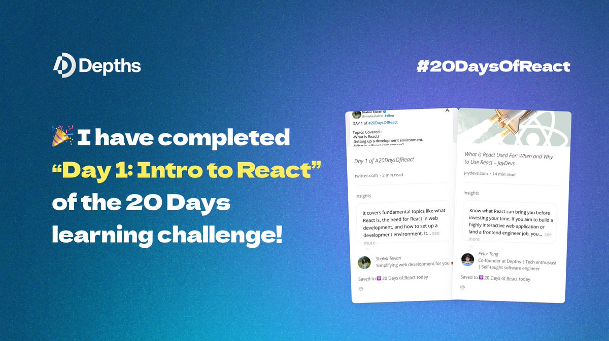 Yesterday I completed Day 1: Intro to React of the 20 Days React Learning challenge! 🎉 

Check out the challenge and learn with me: depths.so/events/20DaysO… 

#20DaysOfReact