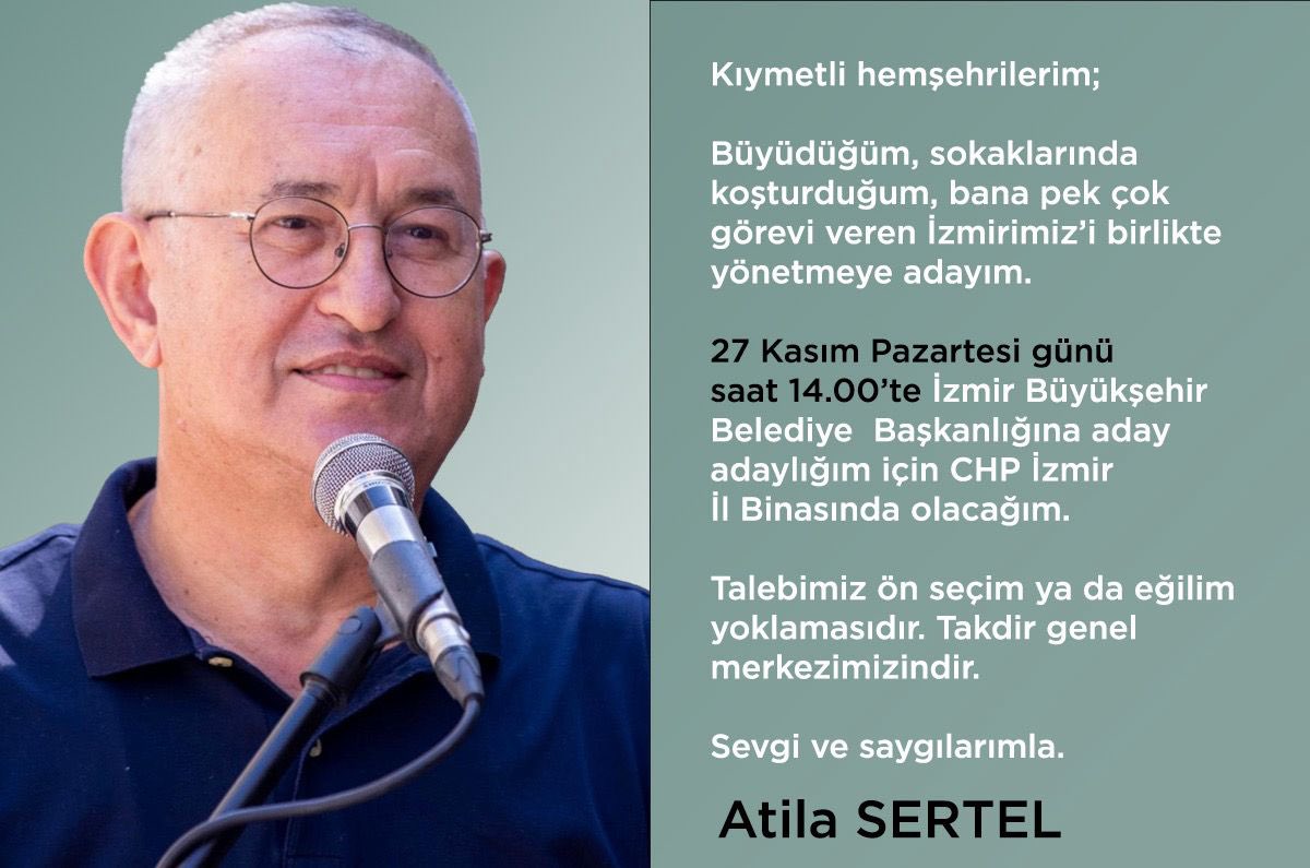 İzmir Büyükşehir Belediye Başkanlığına adaylık için başvuruyorum.
27 Kasım Pazartesi günü saat 14.00’de CHP İzmir İl Başkanlığına adaylık dosyamı takdim edeceğim.
Siyasi akrabalarıma, dostlarıma duyururum.