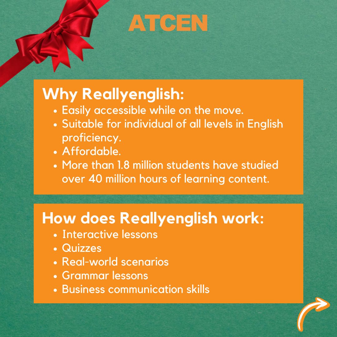 ATCEN's tweet photo. 𝐑𝐞𝐚𝐥𝐥𝐲𝐞𝐧𝐠𝐥𝐢𝐬𝐡 - the perfect #Christmas🎄gift🎁for your friends &amp; family! Grow their personal development through English proficiency today! Head to https://t.co/yUIqQtJWop for two (2) weeks trial. #ATCEN #Workshop #Training #Program #HumanDevelopment #EnglishForAll https://t.co/Nzrzwjbmit