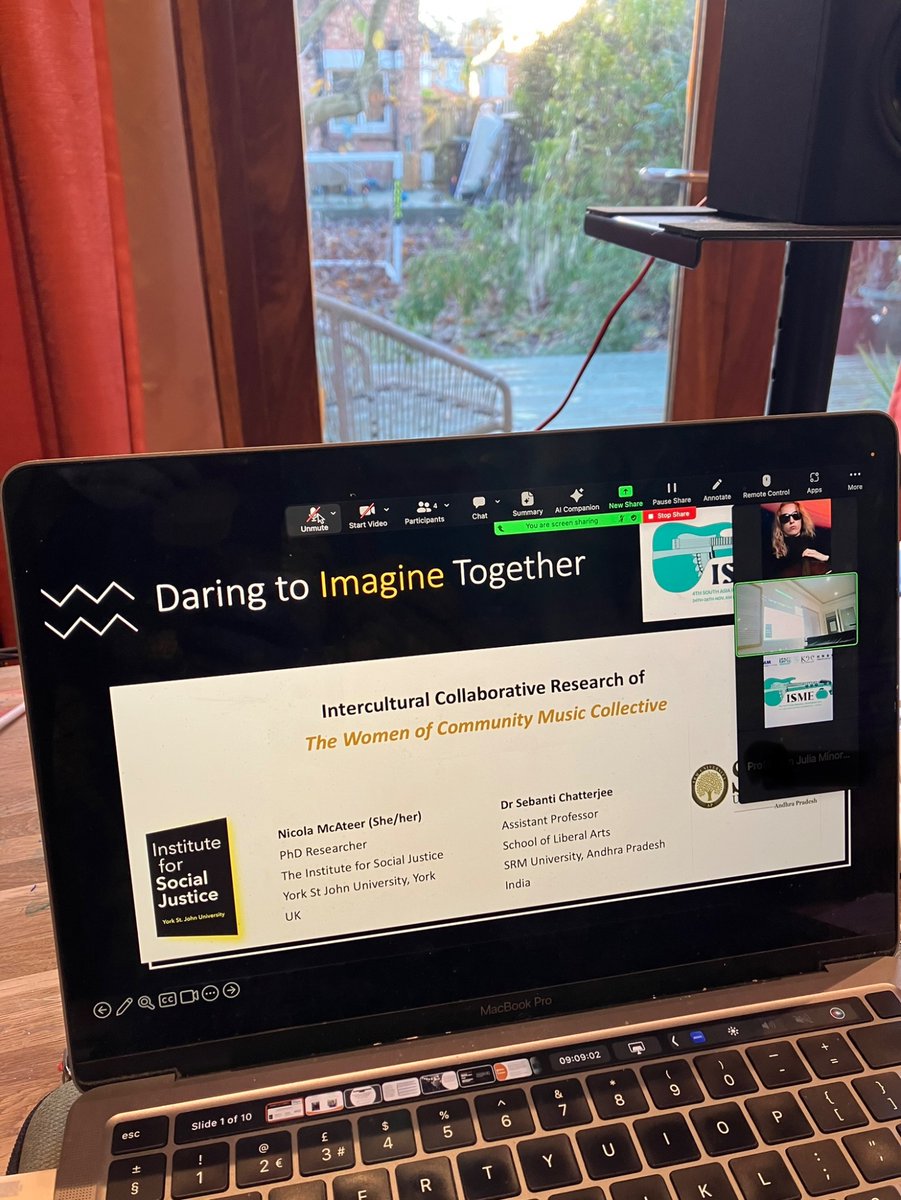 Fantastic opportunity to co-present (virtually for me) with @sebanti18 (in-person) as co-researchers discussing methodological possibilities & current reflections of doing the work of intercultural collaborative research. @official_isme @KMMC_Chennai #phdlife #communitymusic