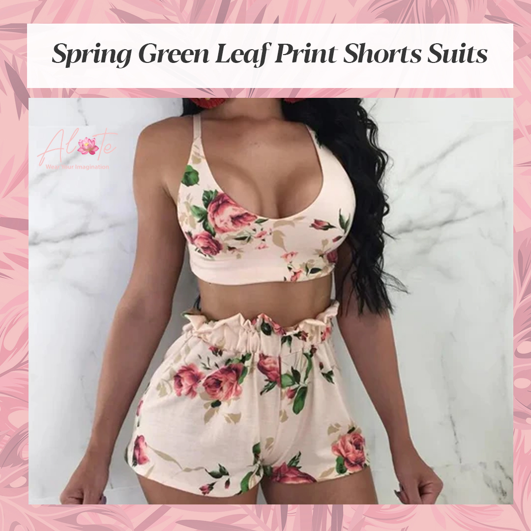 Upgrade your wardrobe with this stylish set of Spring Green Leaf Print Shorts Suits. It consists of a crop blouse top and A-line shorts, perfect for the modern woman. 

#shopalatecom #womanshort #shortssuits #pantssuits #leafprintshortssuits #leafprint