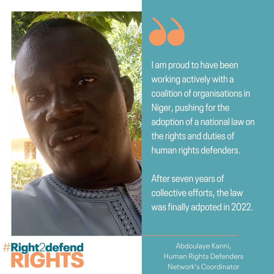 ⏲️ We're starting the countdown to Human Rights Defenders Day on Dec 9. Over the next 15 days we will share quotes from defenders around the 🌎. 

Today, meet Abdoulaye from 🇳🇪 sharing a human rights achievement he is proud of! #InSolidarityAndInHope #Right2DefendRights