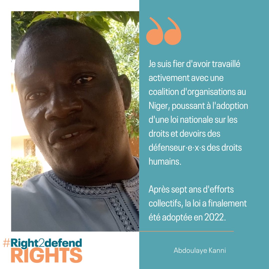 ⏲️ Journée des défenseur·e·x·s des droits humains: le compte à rebours est lancé. Au cours des 15 prochains jours nous partagerons des citations de défenseur·e·x·s du 🌎. Aujourd'hui, retrouvez Abdoulaye du 🇳🇪: il nous partage une victoire dont il est fier !  #Right2DefendRights