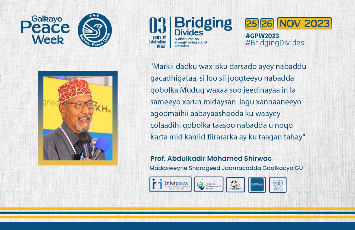 Prof, Shirwac. I agree with sentiment that peace can be fostered by envisioning a shared future. It is essential to address the needs of vulnerable children, such as orphans, as they are particularly susceptible to the challenges and hardships.
<a href="/GLKPW/">Galkayo Peace Week</a>