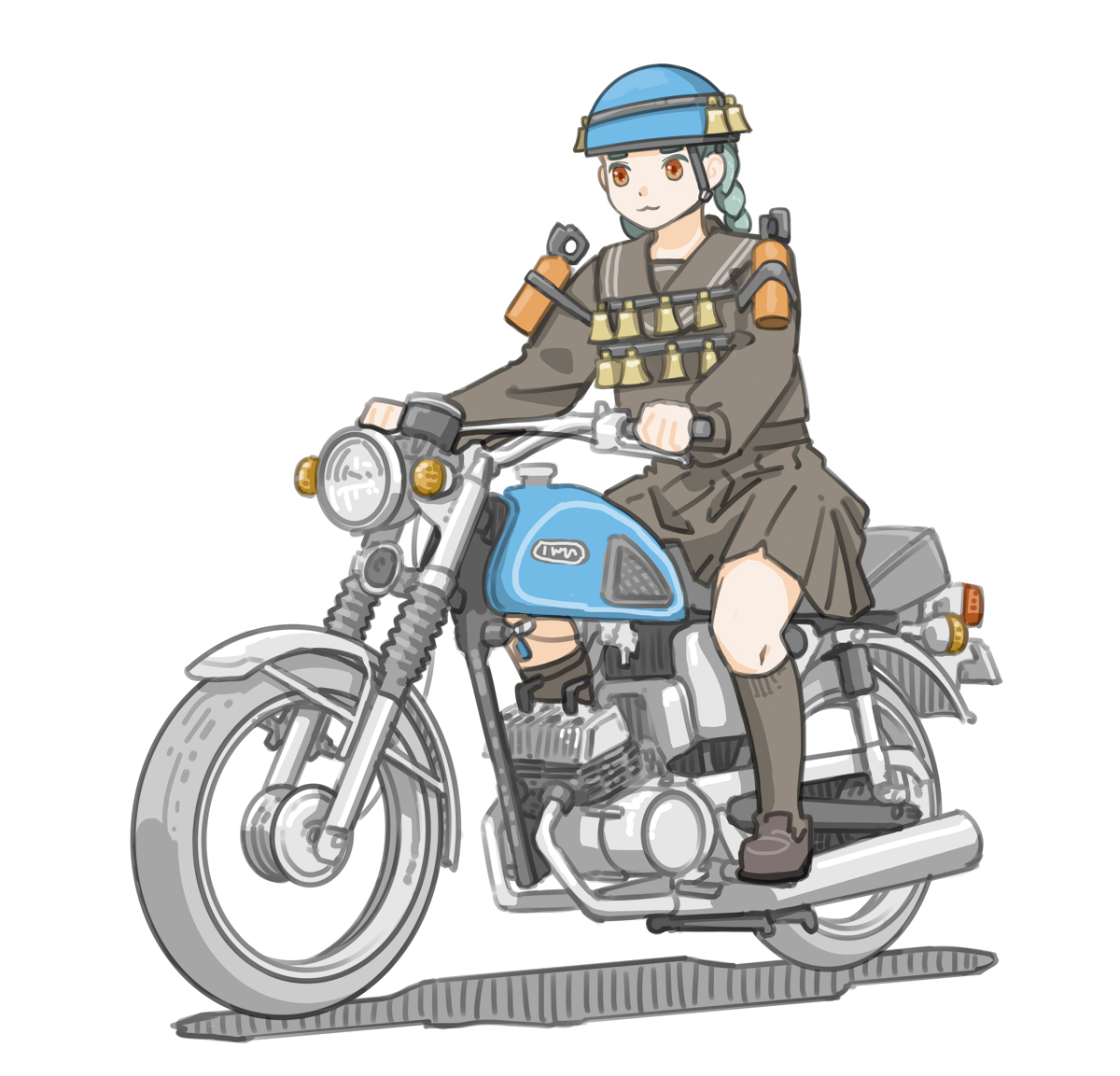 1girl solo helmet ground vehicle school uniform braid motorcycle  illustration images