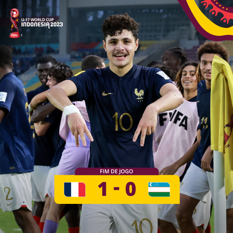 França avança às semis do Mundial Sub-17! 🇫🇷 O gol da vitória contra o Uzbequistão veio apenas no fim do jogo, com Bouneb 💪 Os franceses aguardam o confronto entre Mali x Marrocos para conhecerem seu próximo adversário 🔜 #U17WC