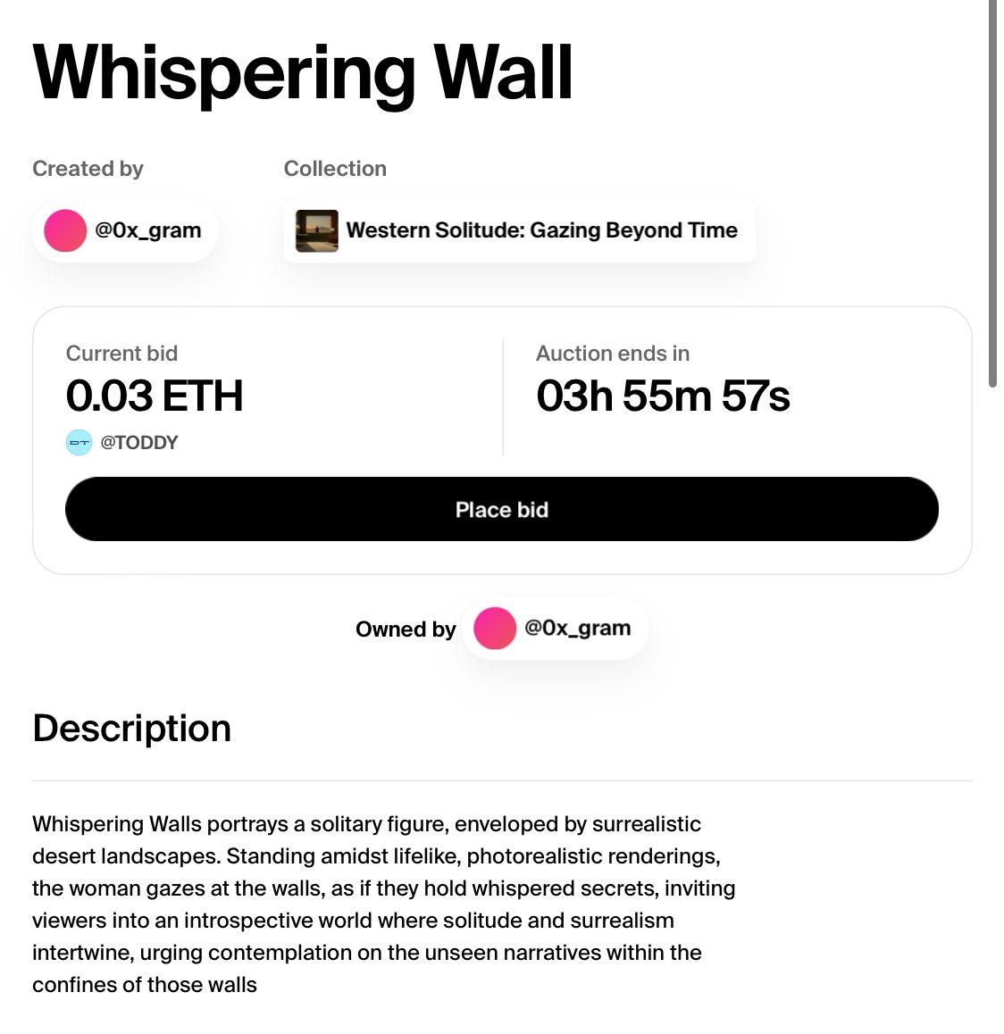 0x_gram's tweet image. Gm 🌅 web 3 

⏰ Auction update ⏰ 

3 hrs left Untill whispering wall find it's new home 

Current bid held by @DTODDART 🫡

Thank you legend