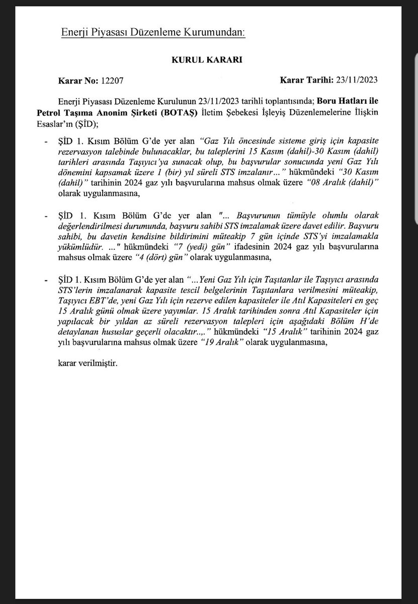 2024 gaz yılı için iletim şebekesi kapasite rezervasyon başvuru son tarihinin 8 Aralık 2023 olarak uygulanması ve 2024 yılında uygulanacak serbest tüketici limiti hakkında alınan Kurul Kararları Resmi Gazetede yayımlanmıştır. #enerji #doğalgaz
resmigazete.gov.tr/eskiler/2023/1…