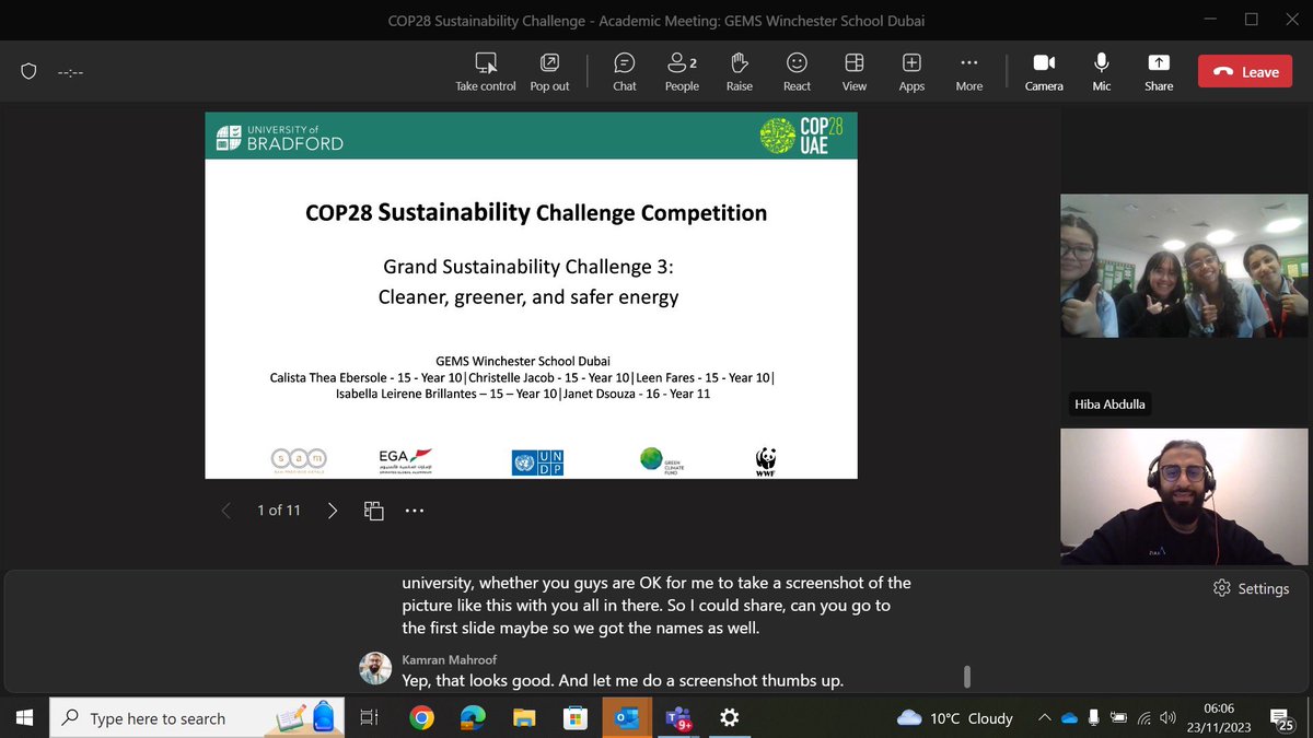 KamranMahroof1's tweet photo. A month of mentoring sessions comes to an end (5am starts) for Dubai schools as part of the upcoming @UniofBradford COP28 Sustainability Competition  centred on the theme of “Actionism”

Very impressed with the ideas so far! 

@vweerakk @RachelSammut2 

#COP28 #Sustainability https://t.co/lGfbcIN24q